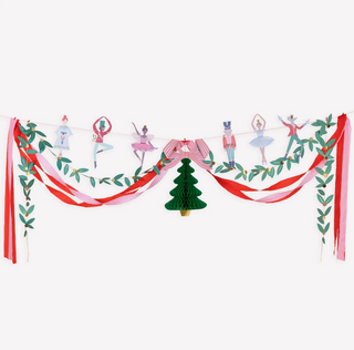 Decorative garland with festive figures and ribbons on a white background