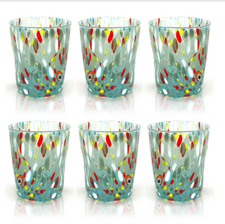 Set of six colorful glass tumblers with fish pattern on a white background