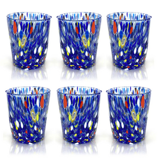 Set of six blue glass tumblers with colorful abstract patterns on a white background