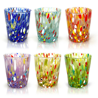 Set of six colorful glass tumblers with abstract patterns on a white background