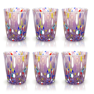 Set of six purple tumblers with colorful speckles on a white background